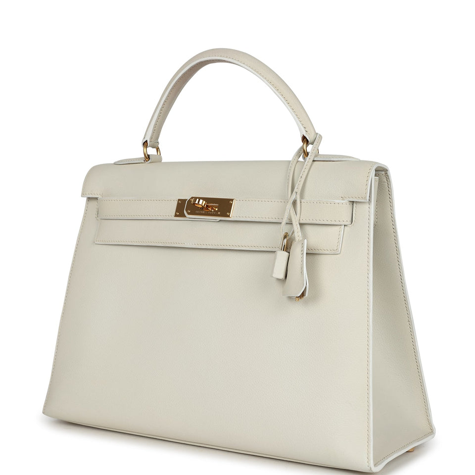 Hermes Kelly Sellier 32 White Veau Graine Gold Hardware