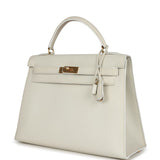 Hermes Kelly Sellier 32 White Veau Graine Gold Hardware