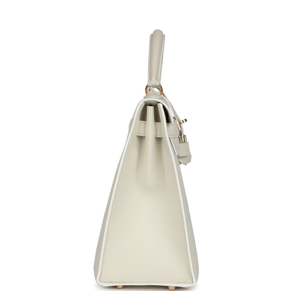 Hermes Kelly Sellier 32 White Veau Graine Gold Hardware
