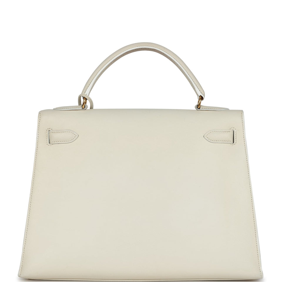 Hermes Kelly Sellier 32 White Veau Graine Gold Hardware
