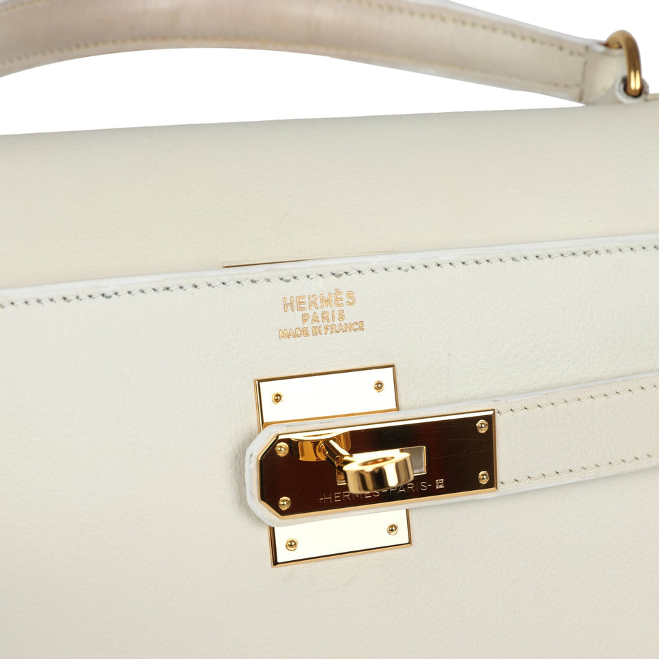 Hermes Kelly Sellier 32 White Veau Graine Gold Hardware