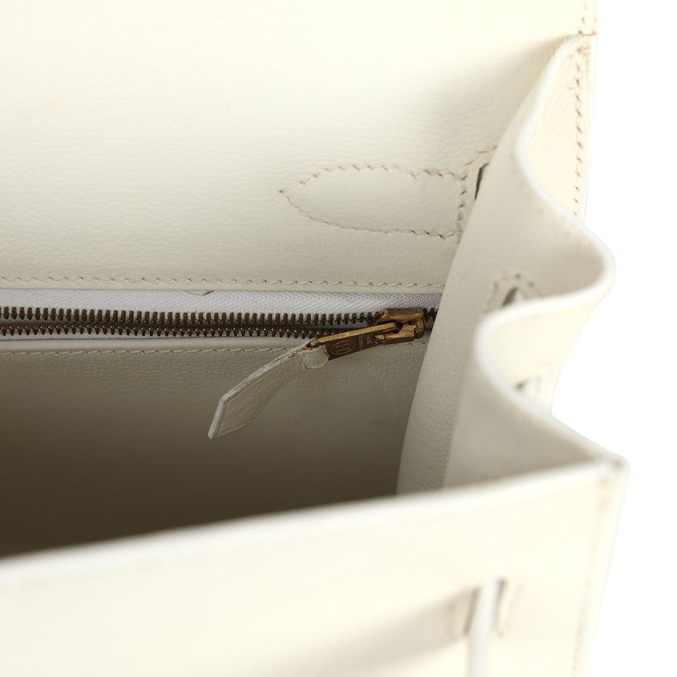Hermes Kelly Sellier 32 White Veau Graine Gold Hardware