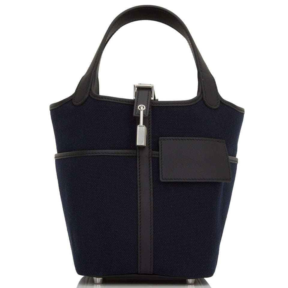 Hermes Picotin Cargo 18 Bleu Marine and Black Swift and Toile Canvas Palladium Hardware