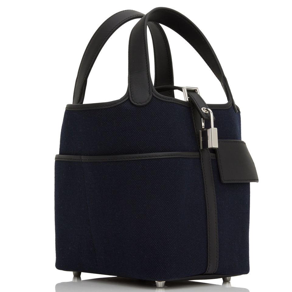 Hermes Picotin Cargo 18 Bleu Marine and Black Swift and Toile Canvas Palladium Hardware