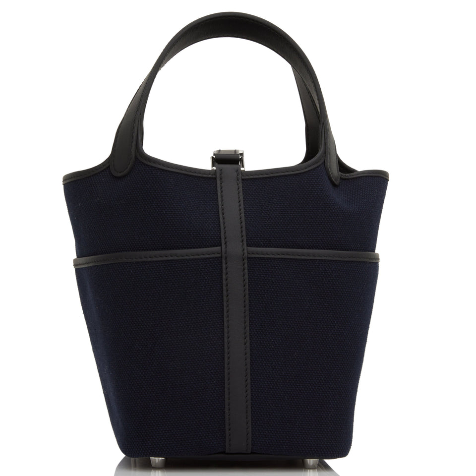 Hermes Picotin Cargo 18 Bleu Marine and Black Swift and Toile Canvas Palladium Hardware