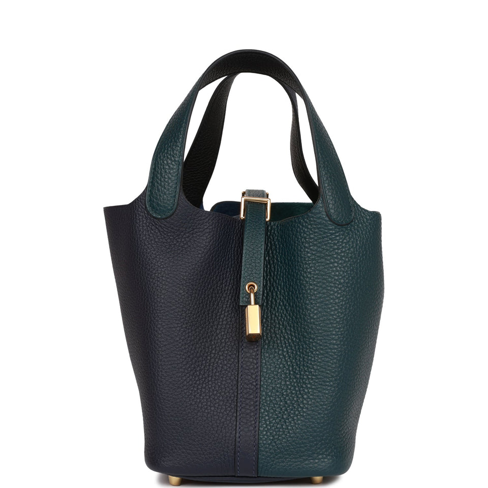 Hermes Picotin Lock 18 Casaque Vert Cypress, Bleu Nuit and Black Clemence Gold Hardware