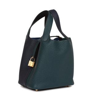 Hermes Picotin Lock 18 Casaque Vert Cypress, Bleu Nuit and Black Clemence Gold Hardware