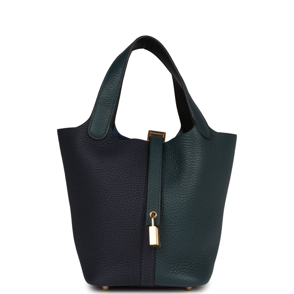 Hermes Picotin Lock 18 Casaque Bleu Nuit and Vert Cypress Clemence Gold Hardware