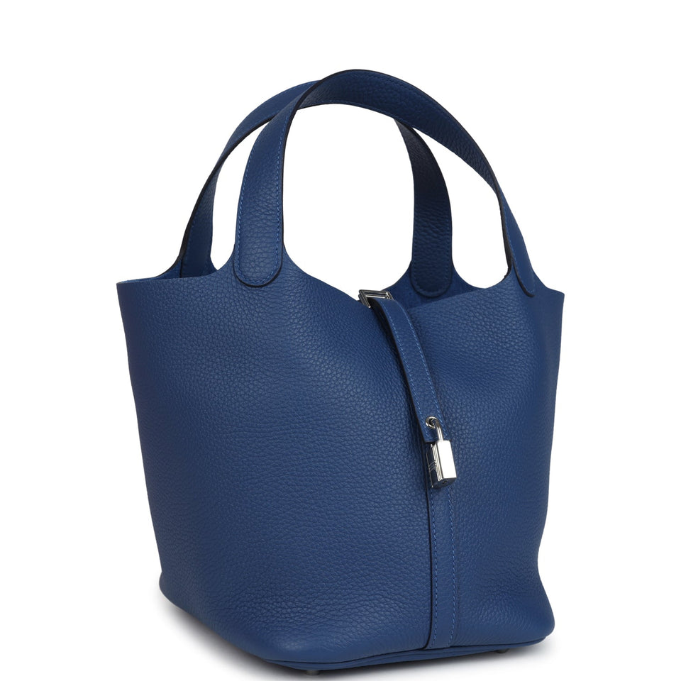 Hermes Picotin Lock 22 Bleu Tie Clemence Palladium Hardware