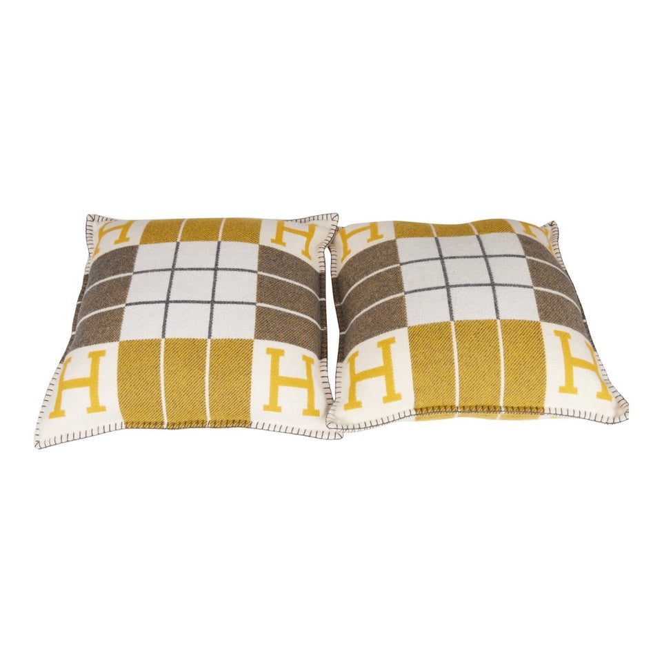Hermes "Avalon III" Gris and Soleil Signature H Cushion PM Set of Two