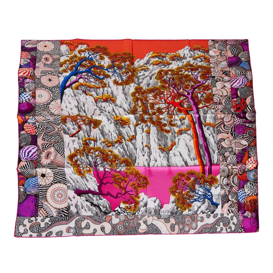 Hermes "Sieste au Paradis" Fuchsia Silk Scarf 90cm