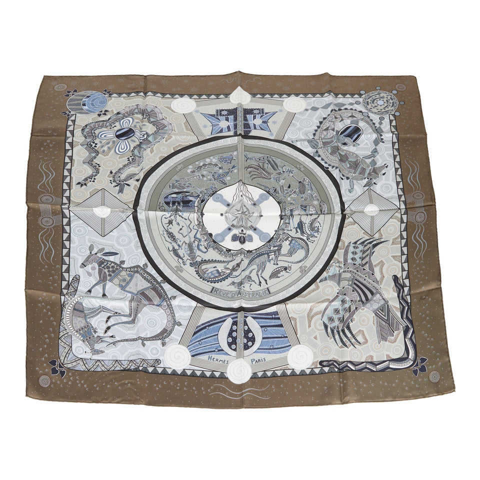 Hermes "Reve D' Australie" Grey Silk Scarf 90cm