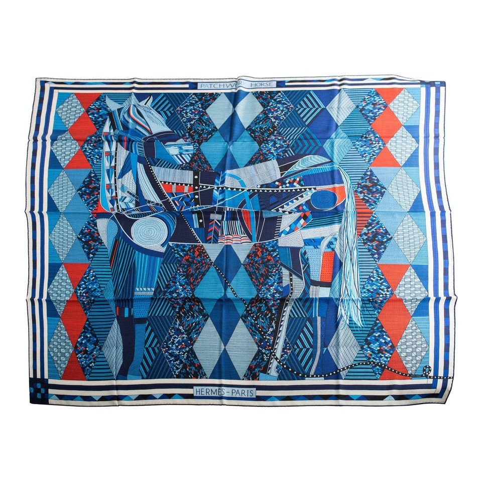 Hermes "Patchwork Horse" Bleu Royal Cashmere and Silk Shawl 140cm