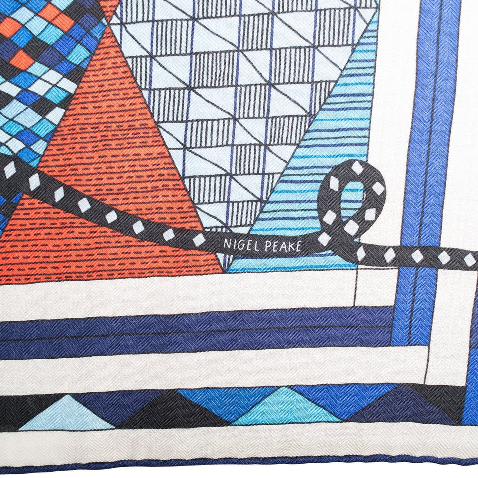 Hermes "Patchwork Horse" Bleu Royal Cashmere and Silk Shawl 140cm