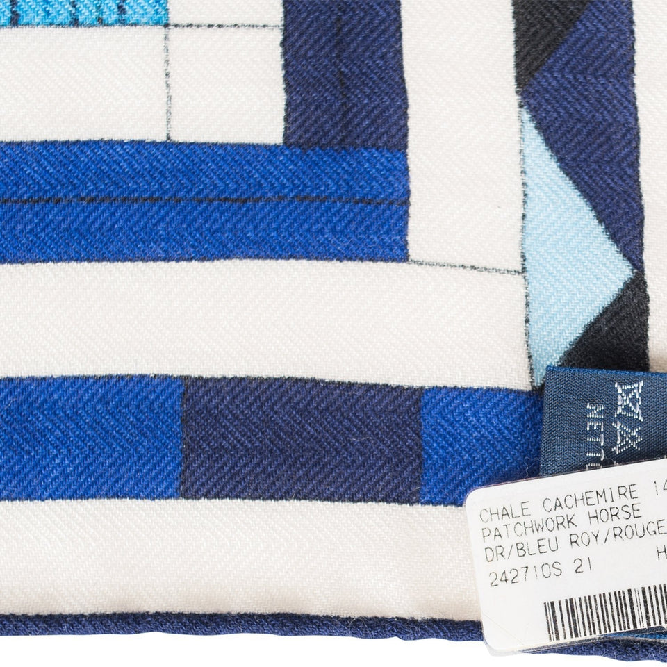 Hermes "Patchwork Horse" Bleu Royal Cashmere and Silk Shawl 140cm