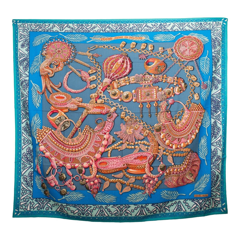 Hermes "Zenobie, Reine de Palmyre" Turquoise Cashmere and Silk Shawl 140cm