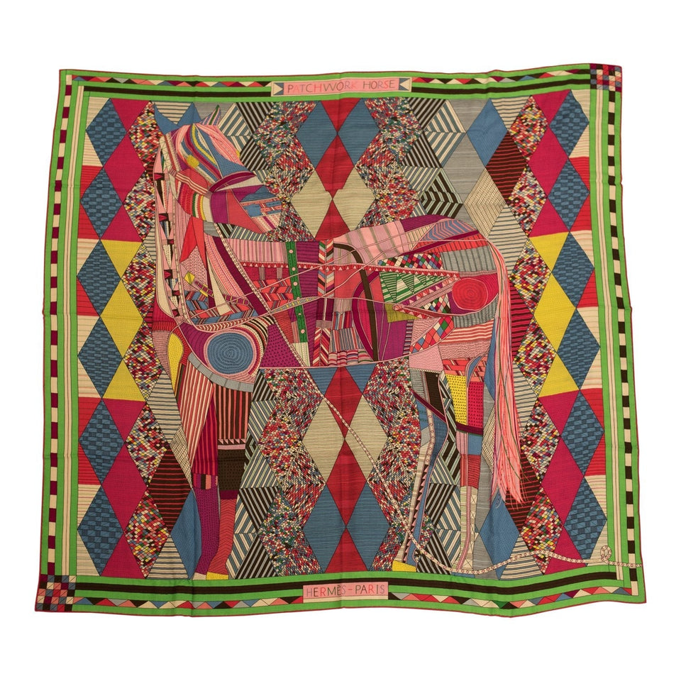 Hermes "Patchwork Horse" Fuchsia Cashmere and Silk Shawl 140cm