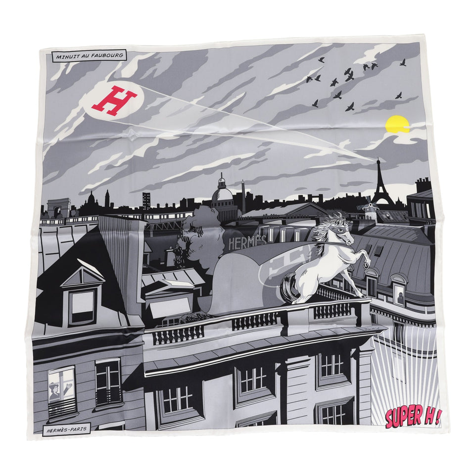 Hermes "Minuit au Faubourg" White Silk Twill Scarf 70cm