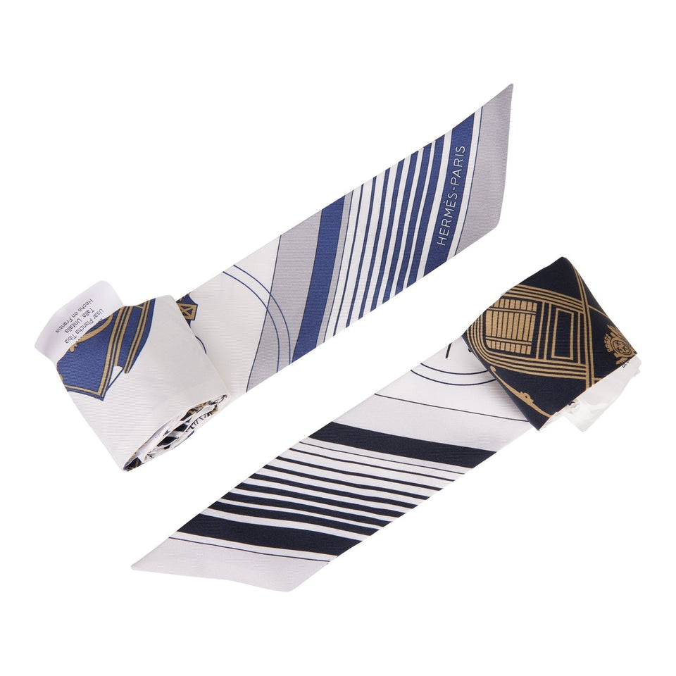 Hermes "Ex-Libris Les Parisiennes" White Silk Twilly Pair