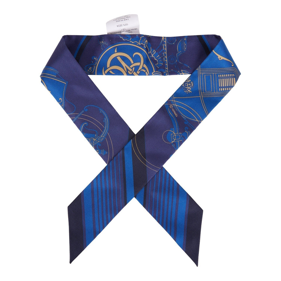 Hermes "Ex-Libris Les Parisiennes" Indigo Silk Twilly Pair