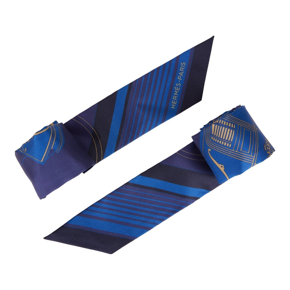 Hermes "Ex-Libris Les Parisiennes" Indigo Silk Twilly Pair