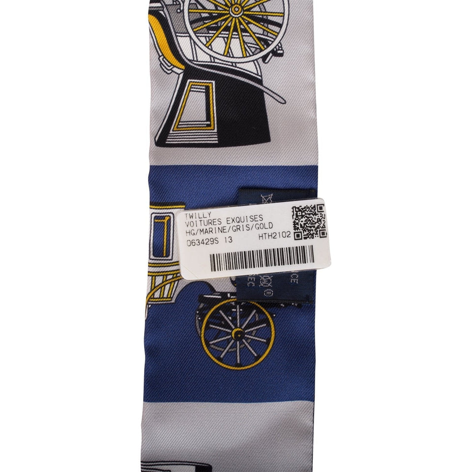 Hermes "Voitures Exquises" Bleu Marine Silk Twilly Pair