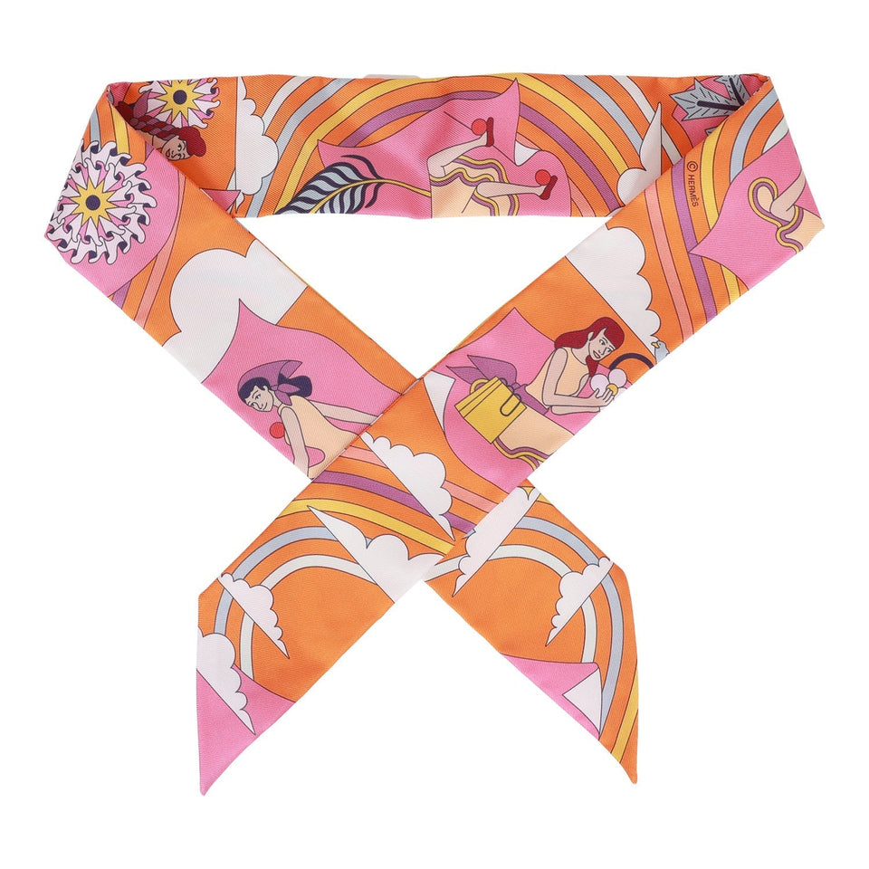 Hermes "Carres Volants" Orange Silk Twilly Pair