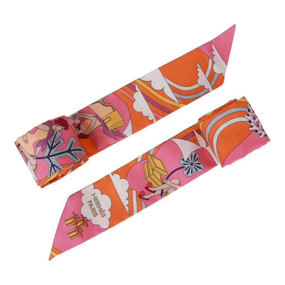 Hermes "Carres Volants" Orange Silk Twilly Pair