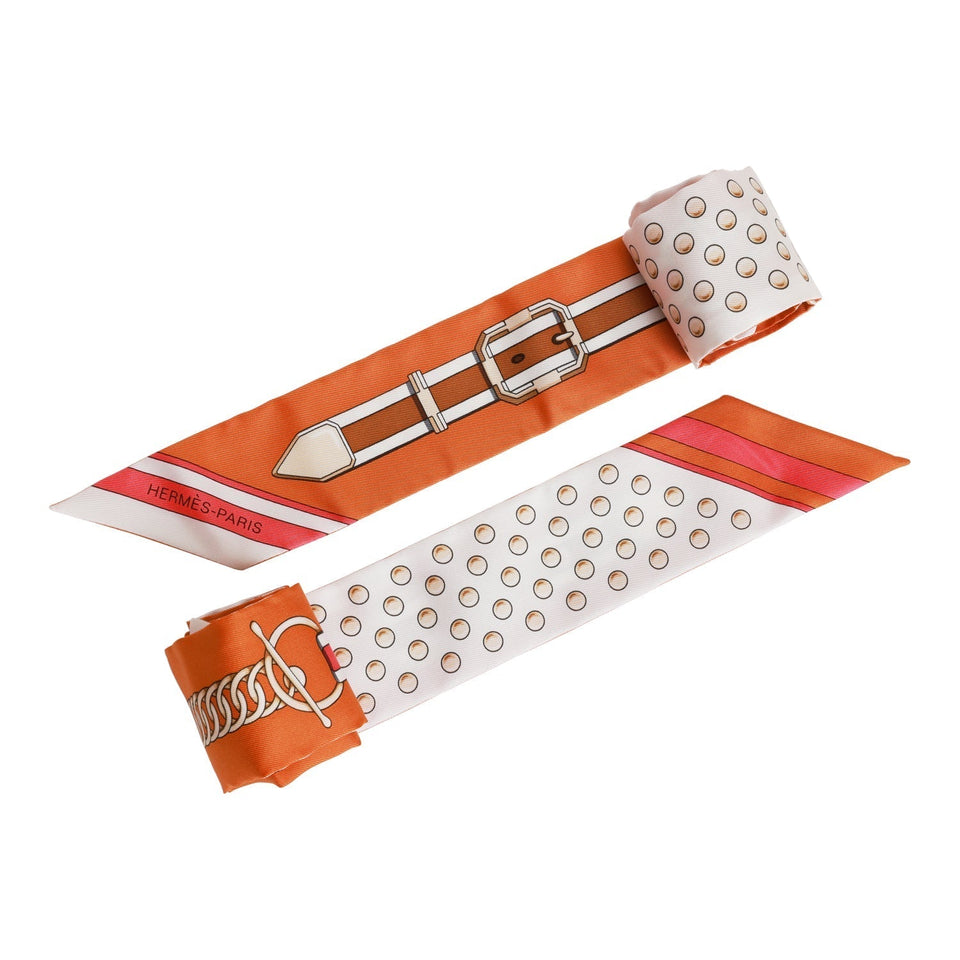 Hermes "Grand Tralala" Creme Silk Twilly Pair