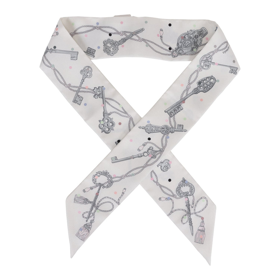 Hermes "Les Cles A Pois" White Silk Twilly