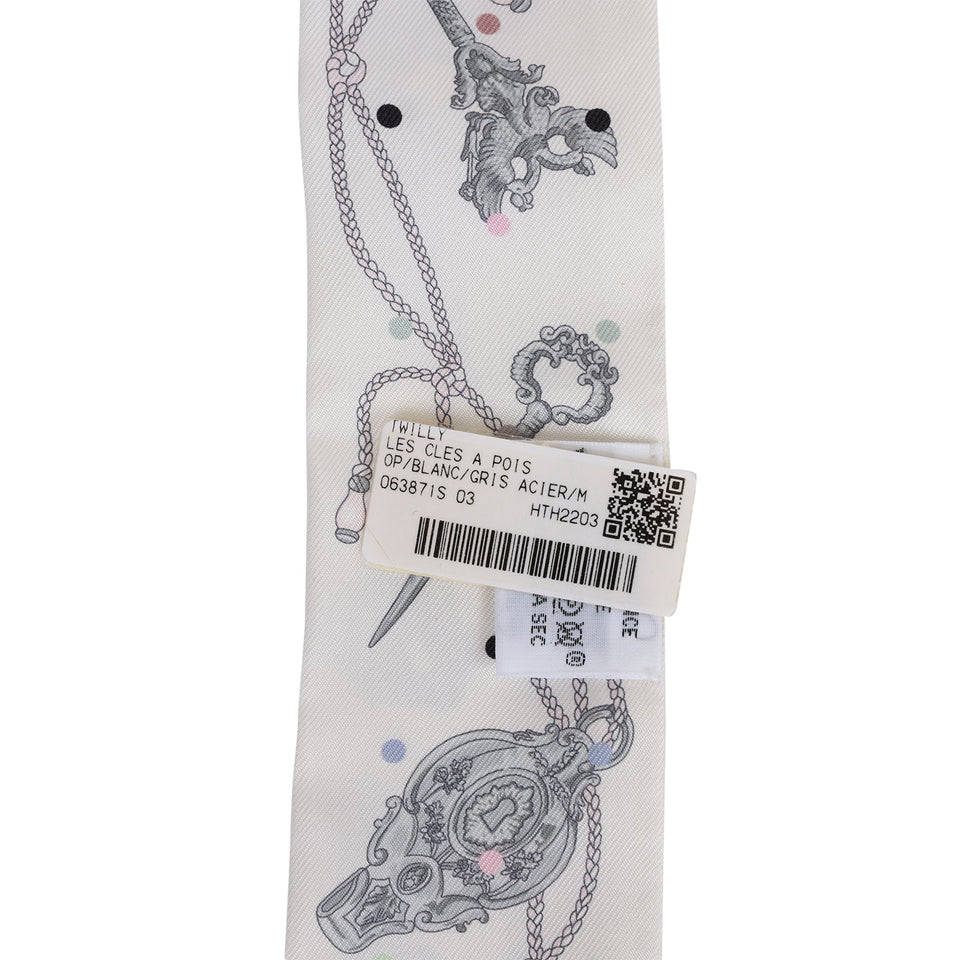 Hermes "Les Cles A Pois" White Silk Twilly