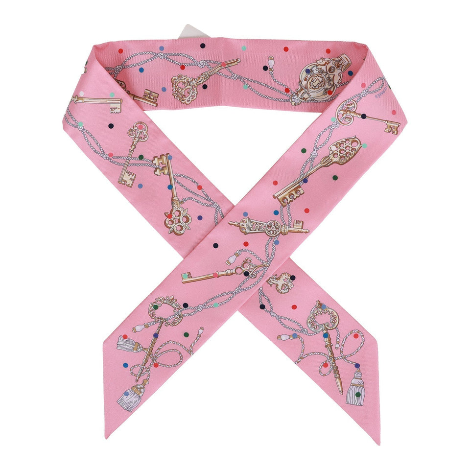 Hermes "Les Cles A Pois" Rose Silk Twilly Pair