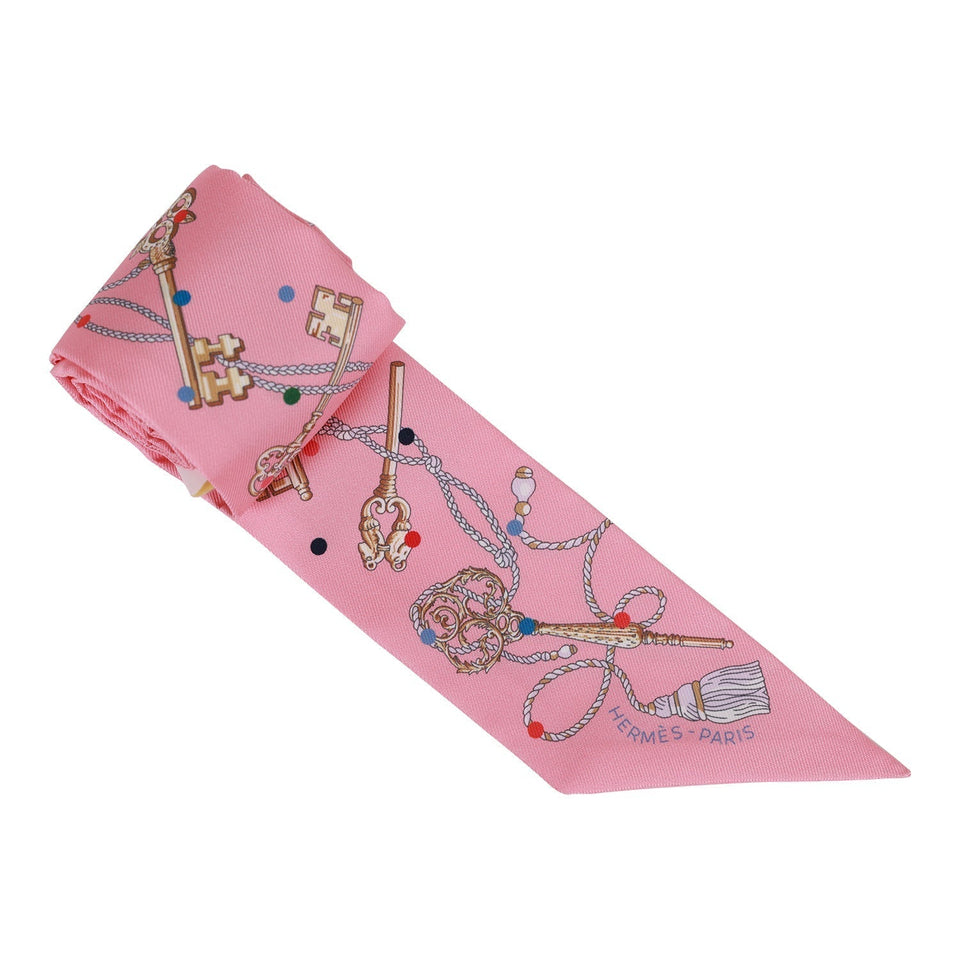 Hermes "Les Cles A Pois" Rose Silk Twilly Pair