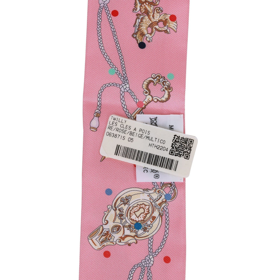 Hermes "Les Cles A Pois" Rose Silk Twilly Pair