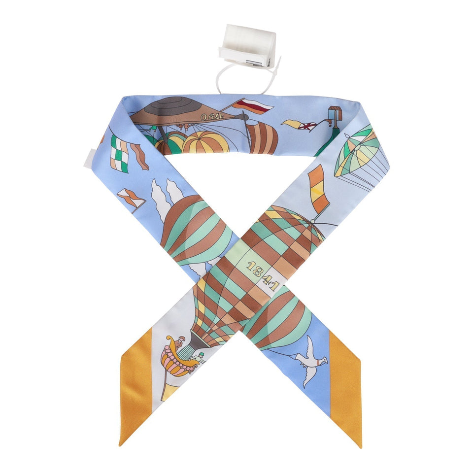 Hermes "Les Folies du Ciel" Bleu Lavande Silk Twilly Pair