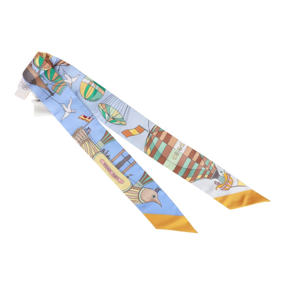 Hermes "Les Folies du Ciel" Bleu Lavande Silk Twilly Pair