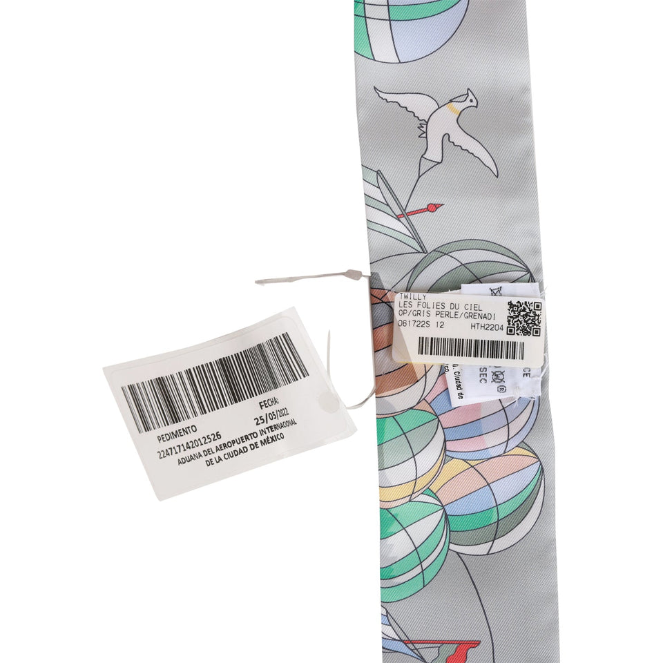 Hermes "Les Folies du Ciel" Gris Perle Silk Twilly Pair
