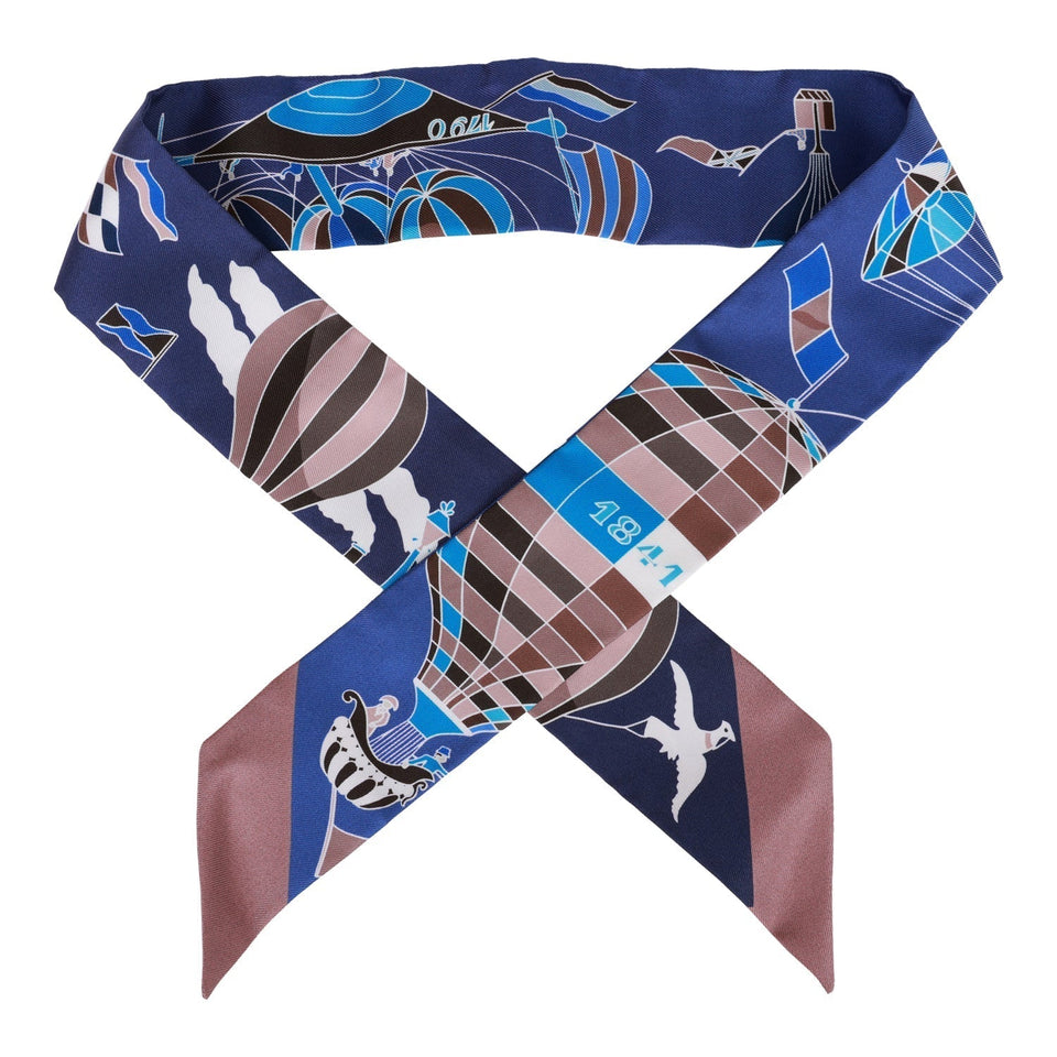 Hermes "Les Folies du Ciel" Marine Silk Twilly Pair