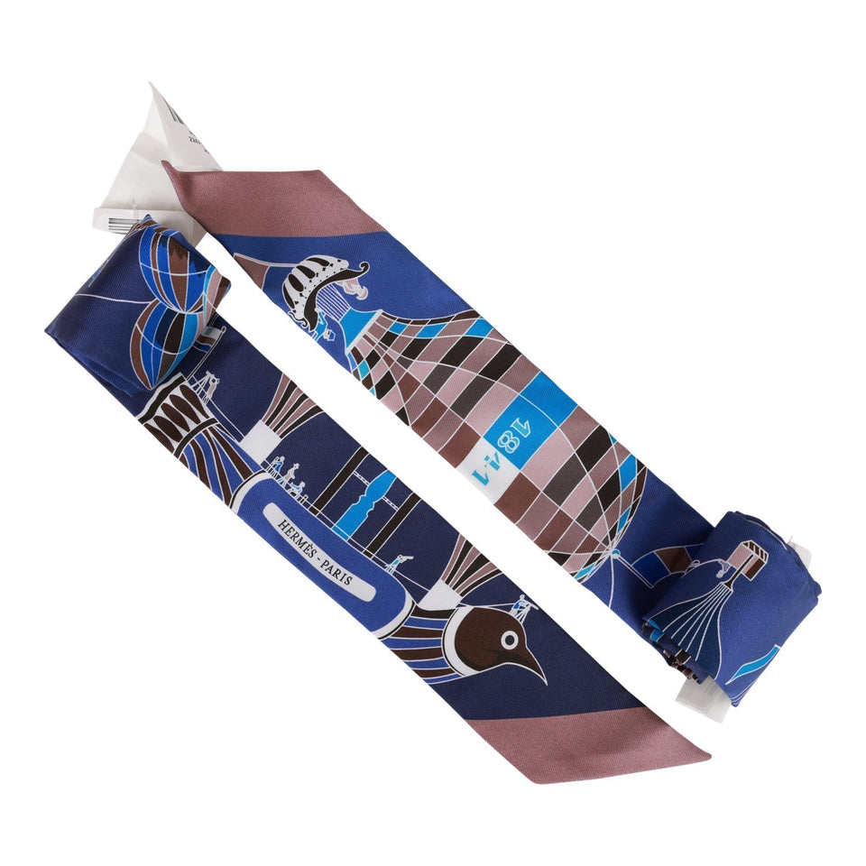 Hermes "Les Folies du Ciel" Marine Silk Twilly Pair