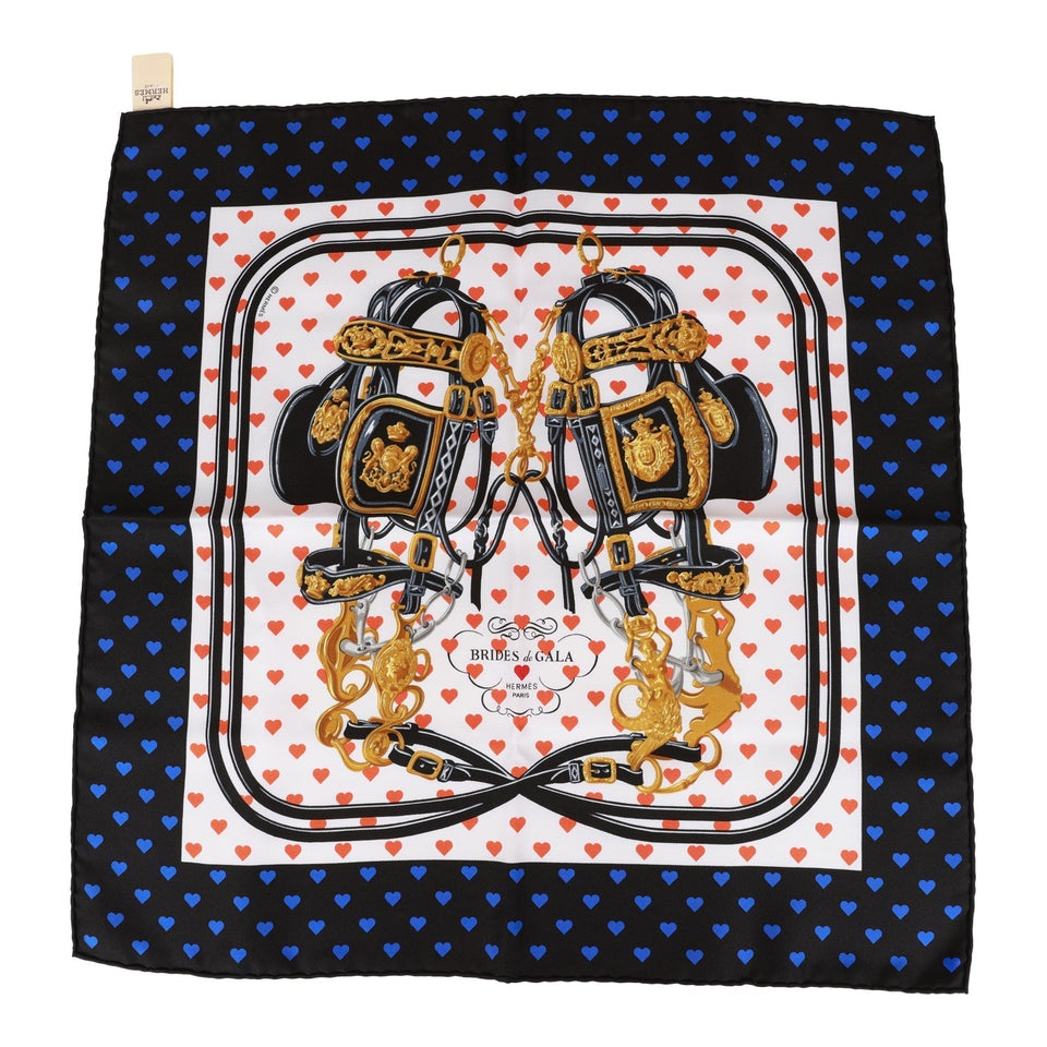 Hermes "Brides de Gala Love" Black Silk Pocket Square Scarf 45cm