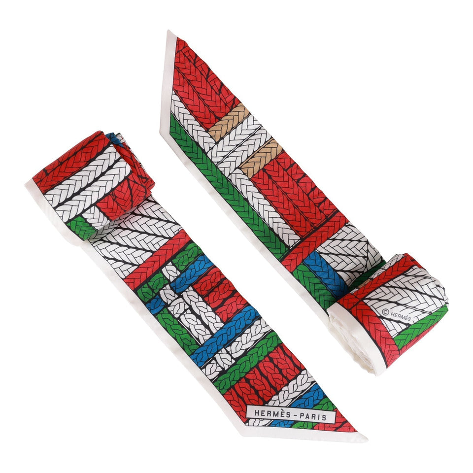 Hermes "Tresses H" Rouge Silk Twilly Pair