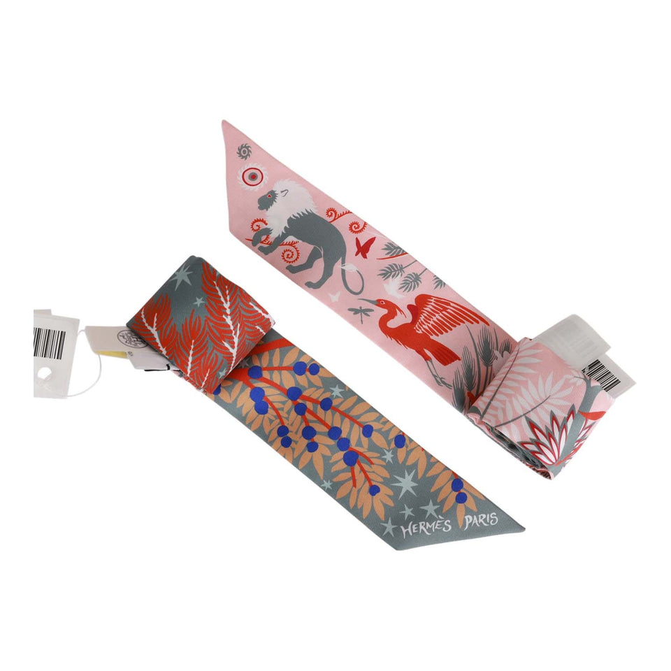 Hermes "Sous Le Charme D'Orphee" Gris Acier Silk Twilly Pair