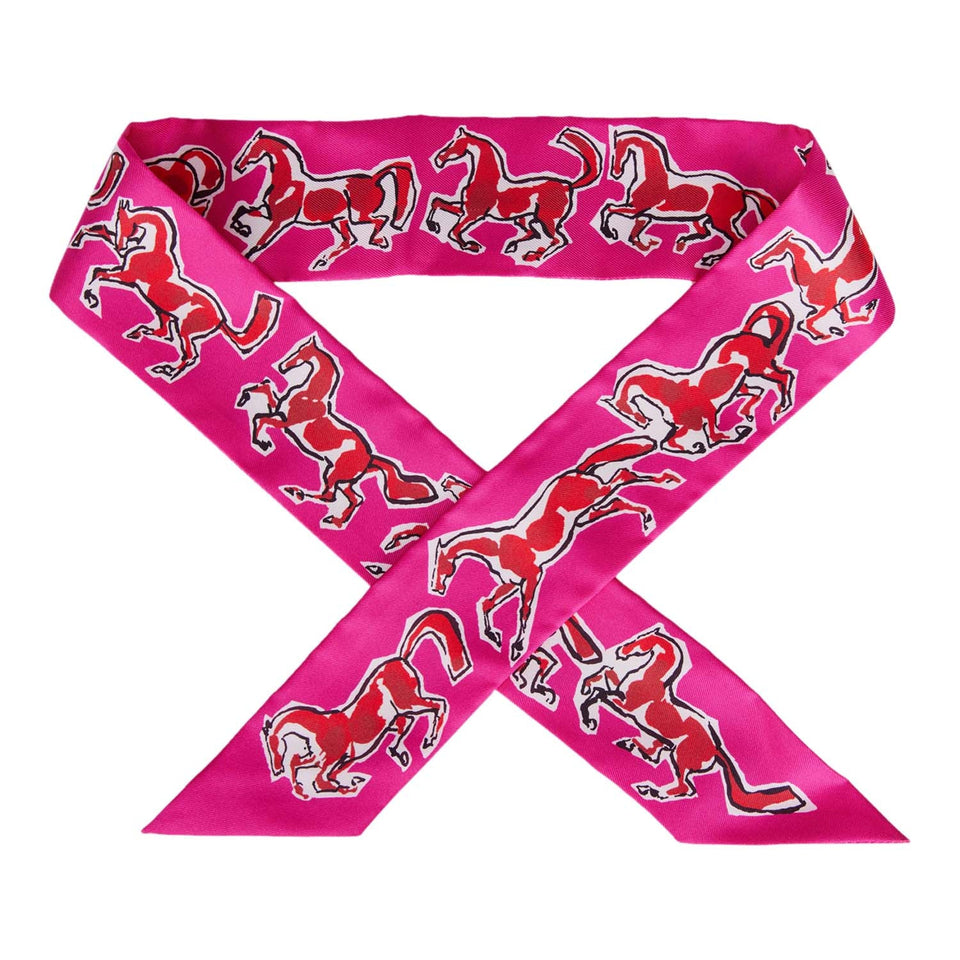 Hermes "Chevaux en Liberté" Rose Indien Silk Twilly Pair