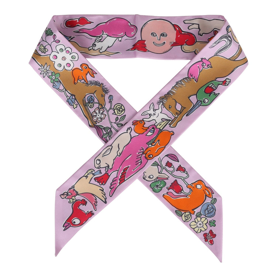 Hermes "Mille et Un Lapins" Parme Silk Twilly Pair