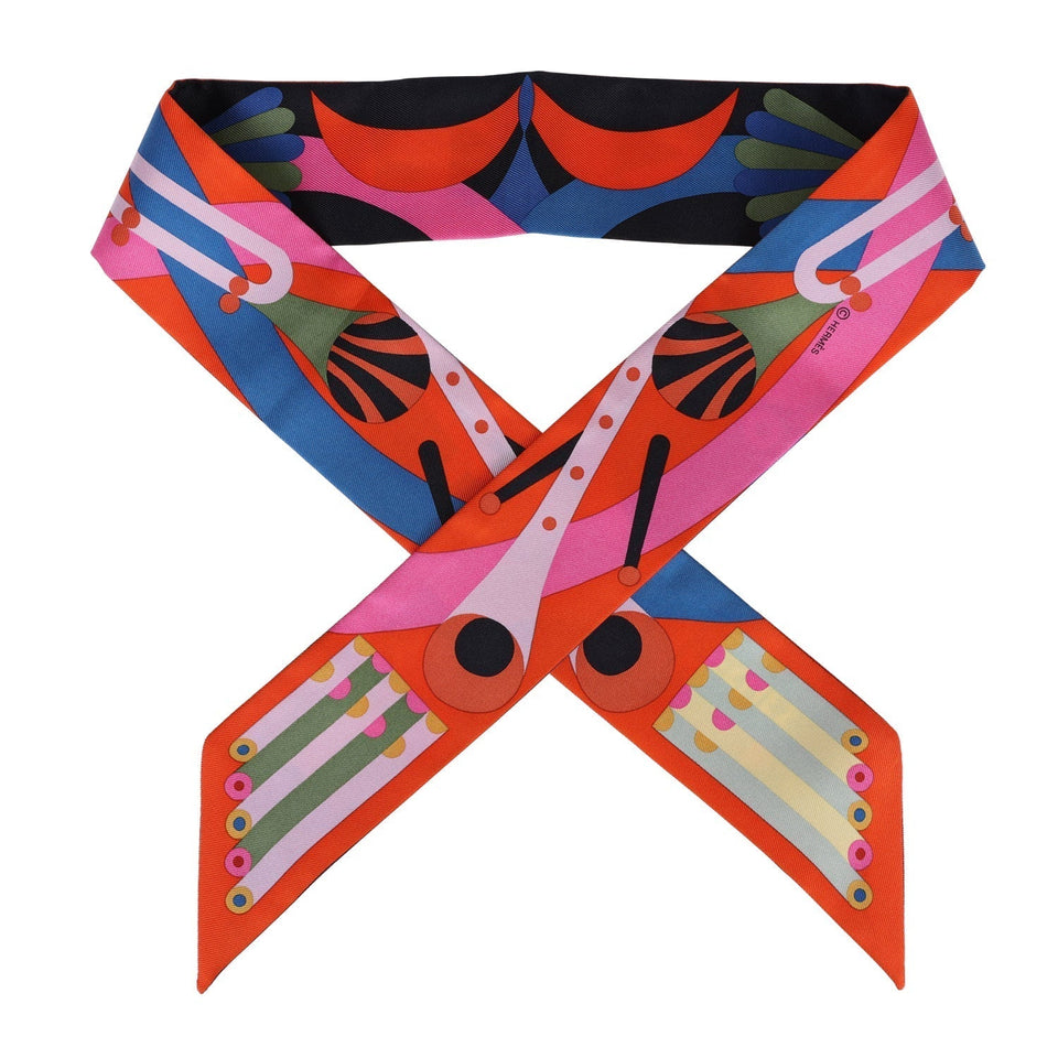 Hermes "Parade en Fanfare" Rose Bonbon Silk Twilly Pair