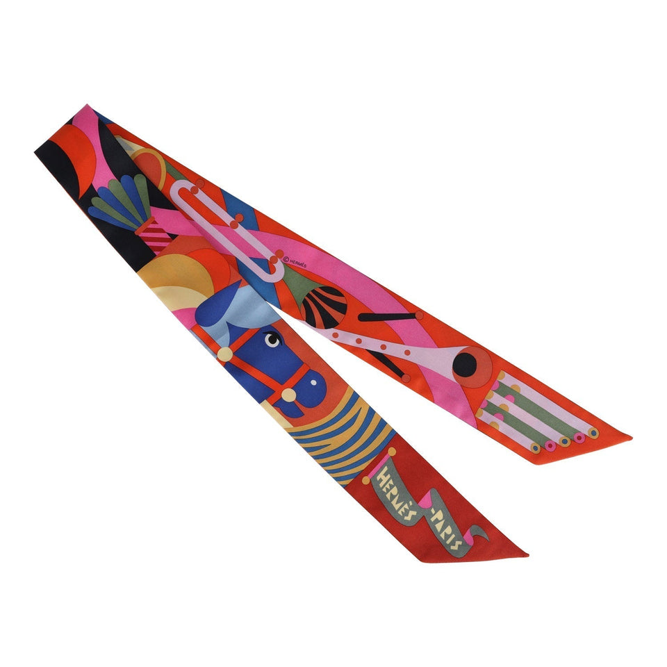 Hermes "Parade en Fanfare" Rose Bonbon Silk Twilly Pair