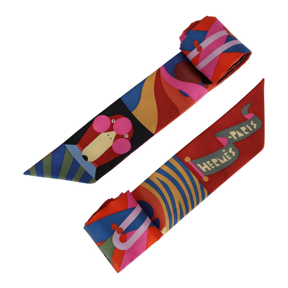 Hermes "Parade en Fanfare" Rose Bonbon Silk Twilly Pair