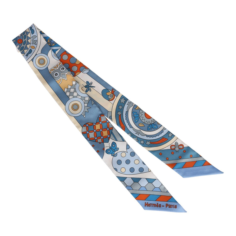 Hermes "Les Murmures De La Foret" Blue Jean Silk Twilly