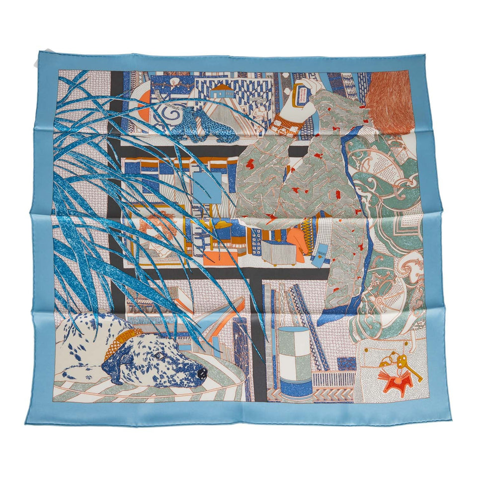 Hermes "Rendez-Vous Chez" Blue Silk Twill Scarf 70cm