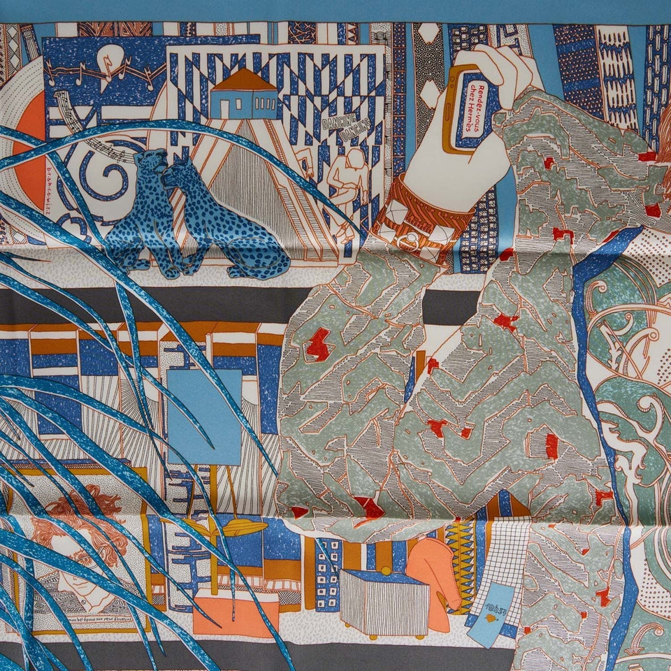 Hermes "Rendez-Vous Chez" Blue Silk Twill Scarf 70cm